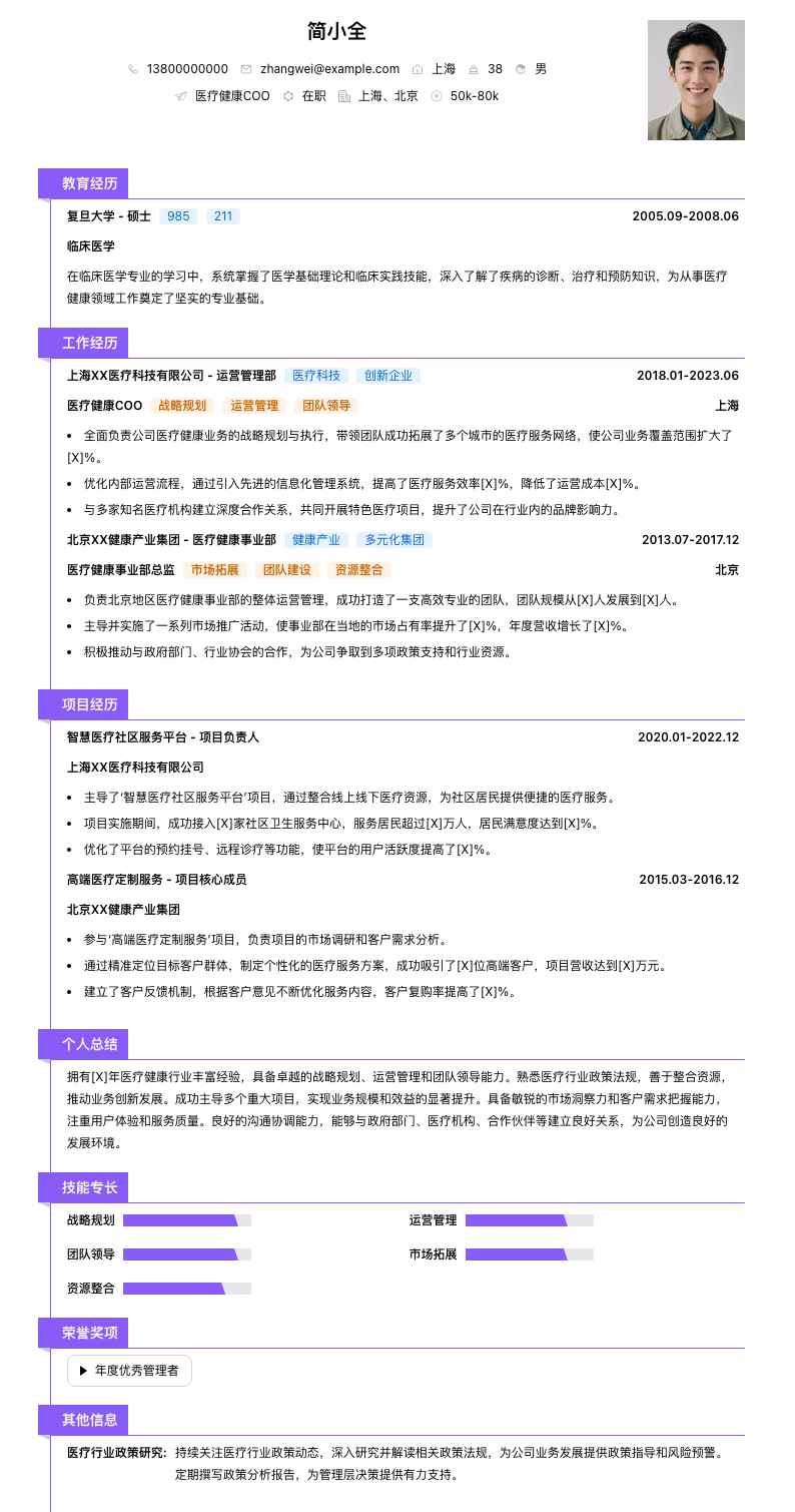医疗健康COO简历模板