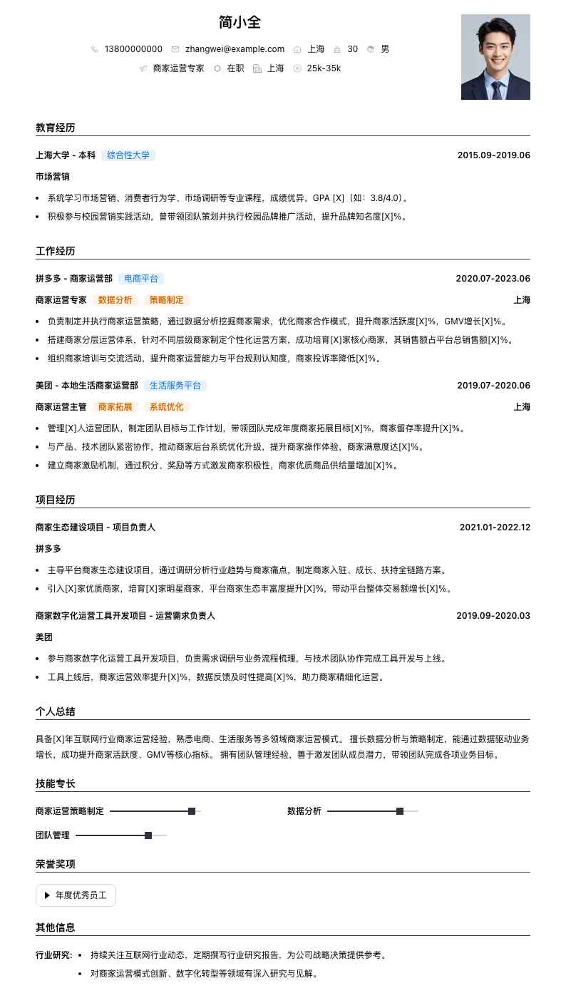 商家运营专家简历模板