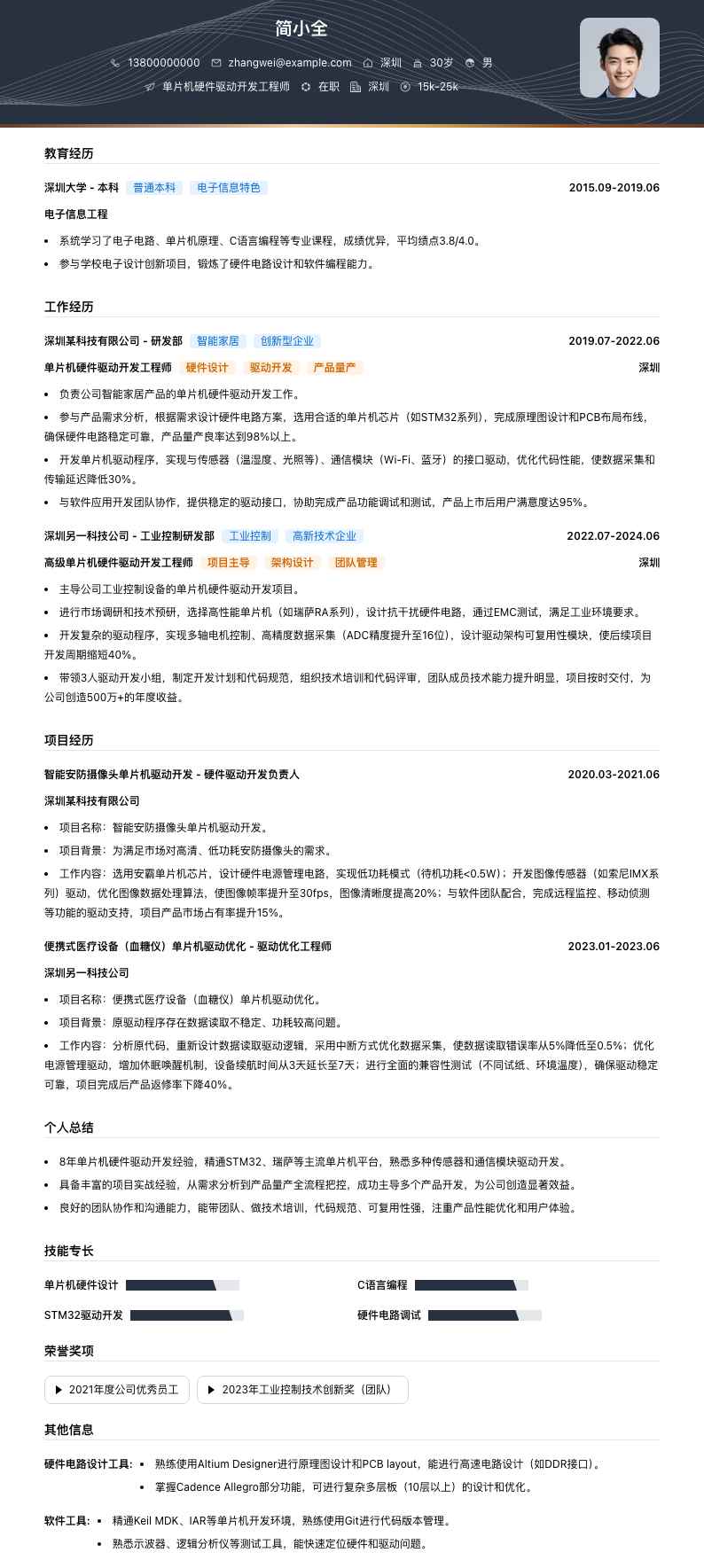 单片机硬件驱动开发工程师简历模板