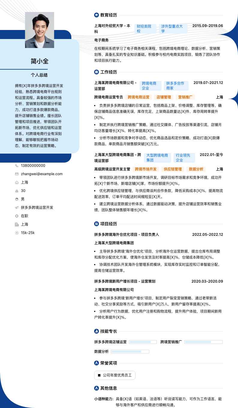 拼多多跨境运营简历模板