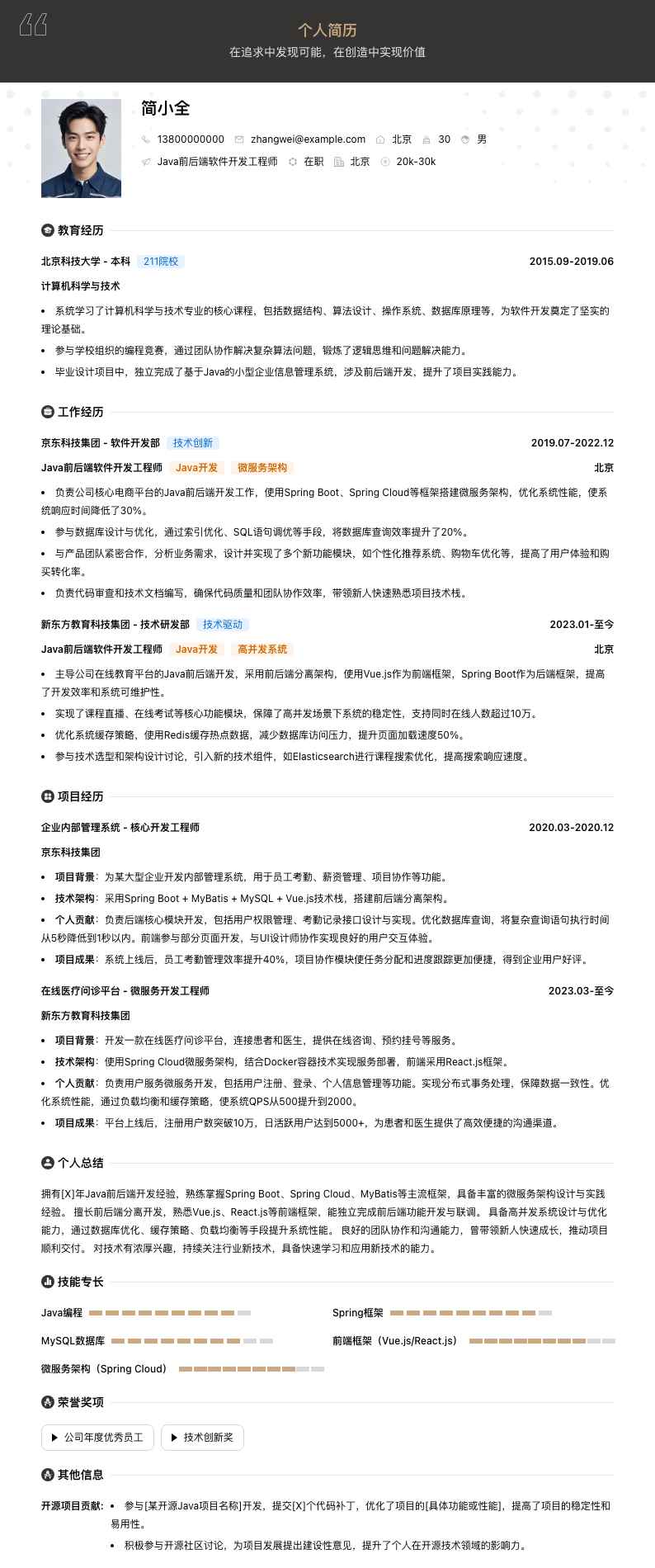 java前后端软件开发工程师简历模板