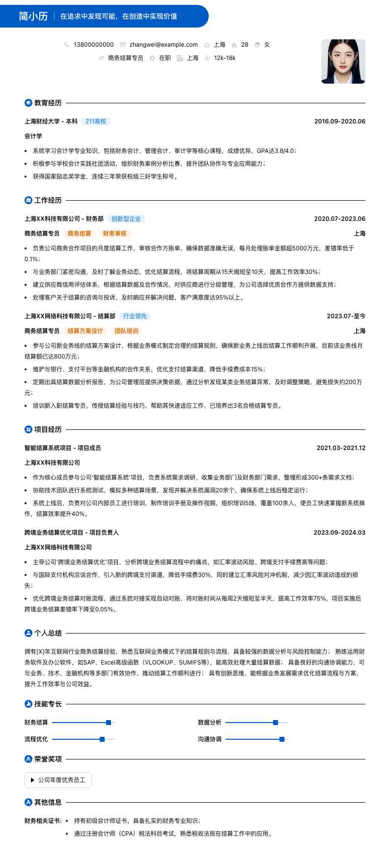 商务结算专员简历模板