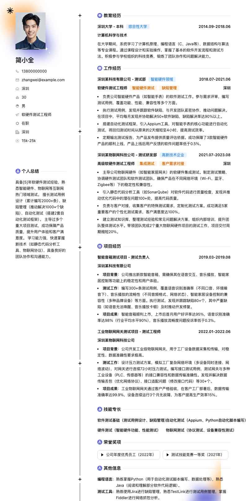 软硬件测试工程师简历模板