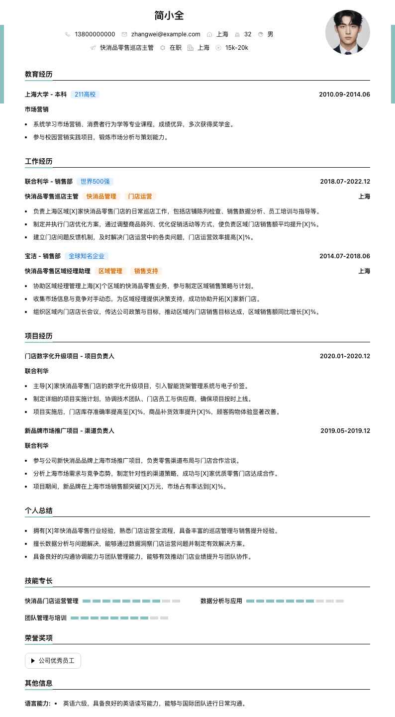 快消品零售巡店主管简历模板