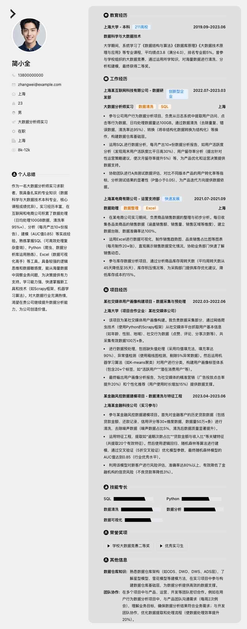 大数据分析师实习简历模板