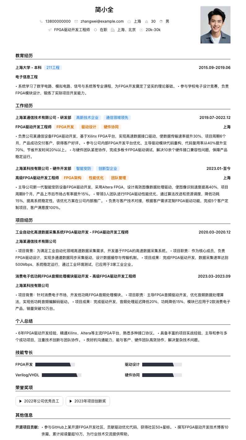FPGA驱动开发工程师简历模板