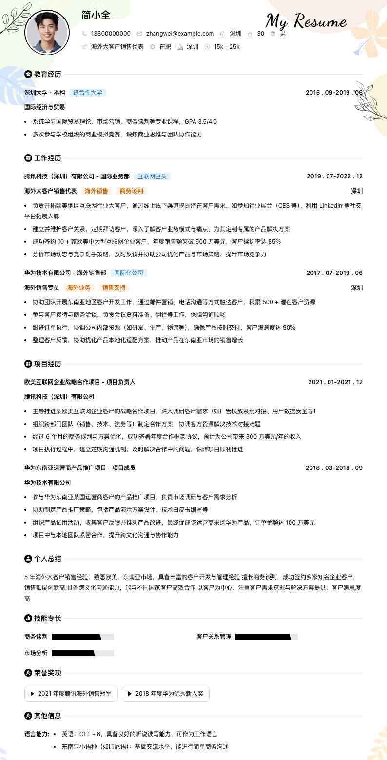 海外大客户销售代表简历模板