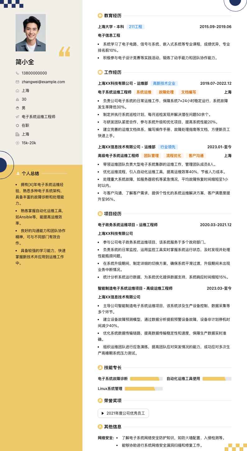 电子系统运维工程师简历模板