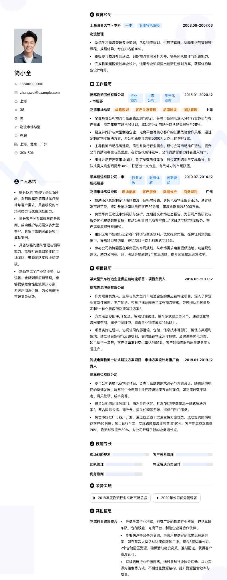 物流市场总监简历模板