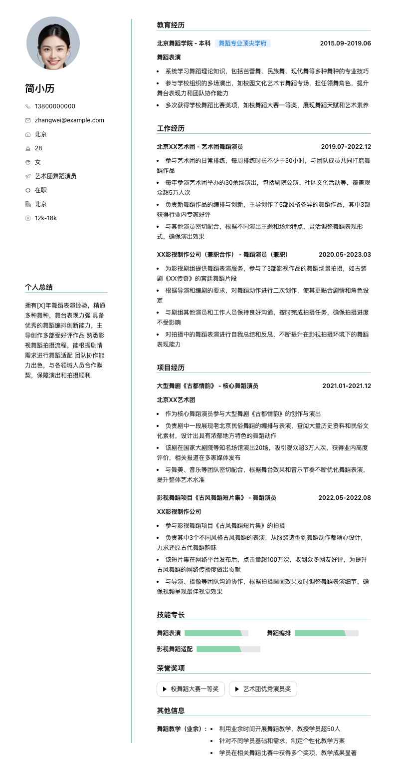 艺术团舞蹈演员简历模板
