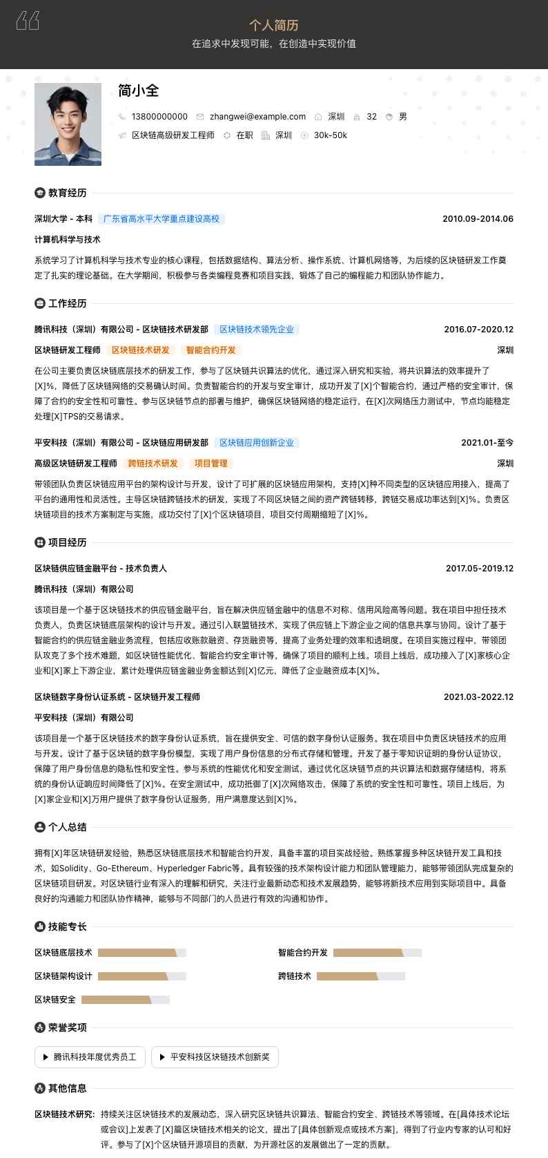 区块链高级研发工程师简历模板