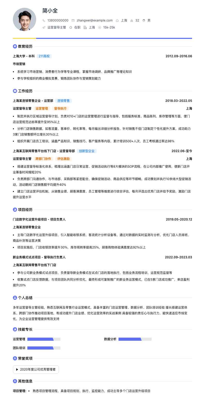 运营督导主管简历模板