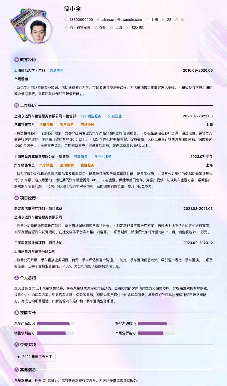 汽车销售专员简历模板