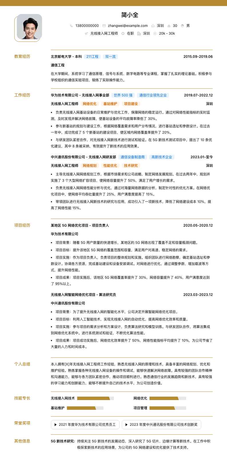 无线接入网工程师简历模板