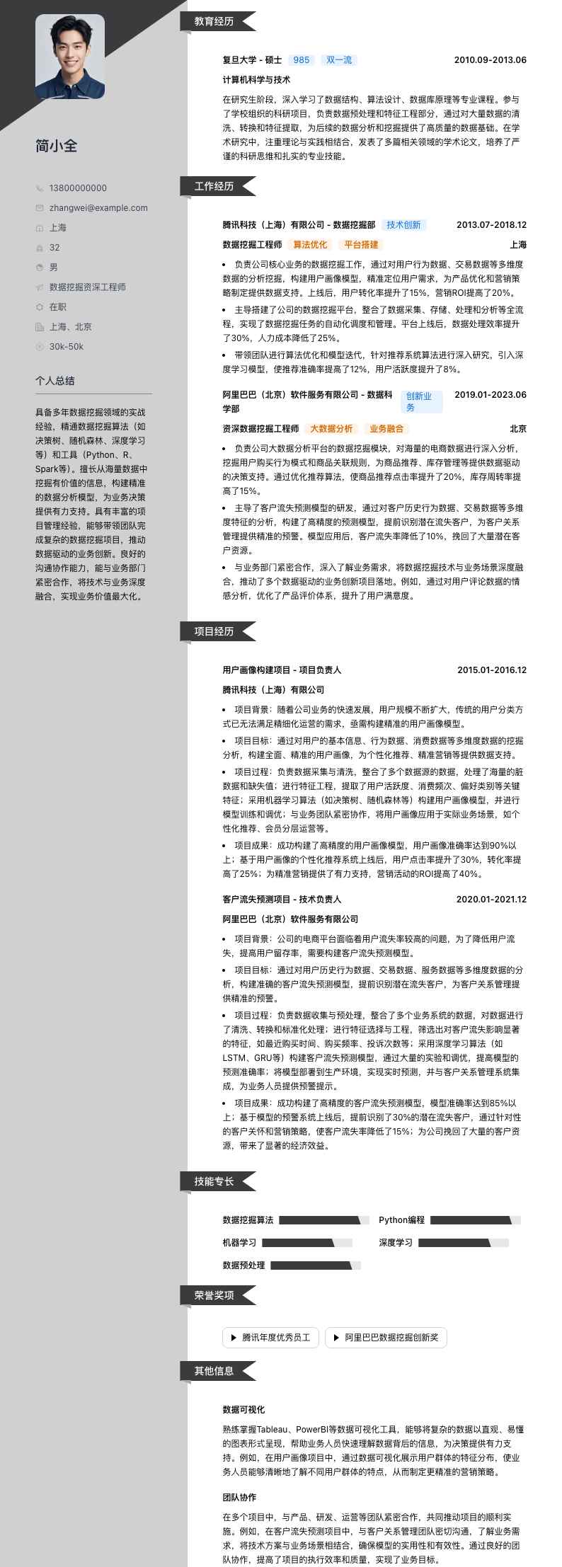 数据挖掘资深工程师简历模板