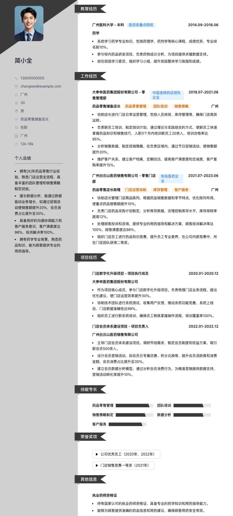 药品零售储备店长简历模板