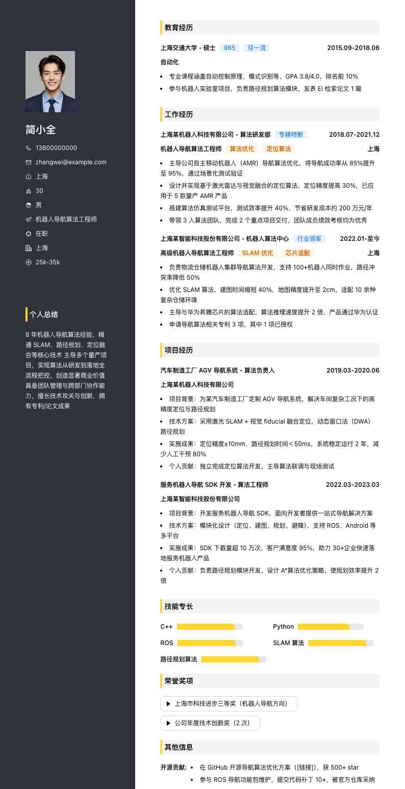 机器人导航算法工程师简历模板