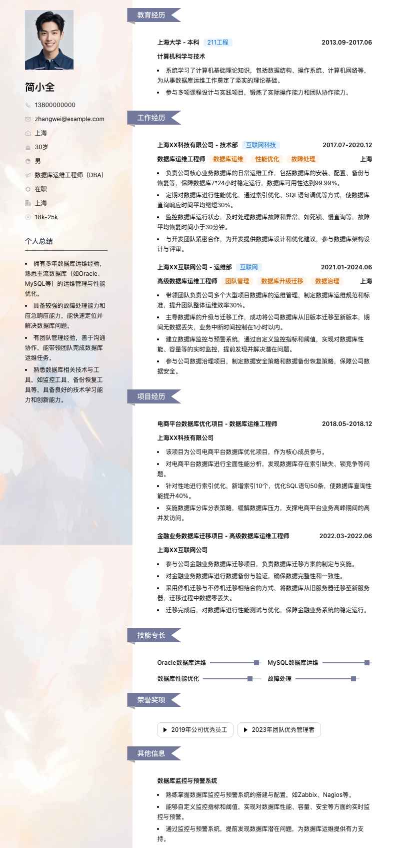 数据库运维工程师（DBA）简历模板