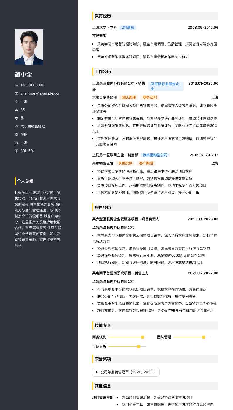 大项目销售经理简历模板