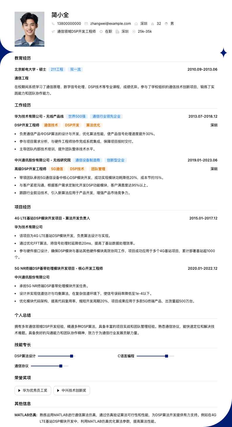 通信领域 DSP 开发工程师简历模板