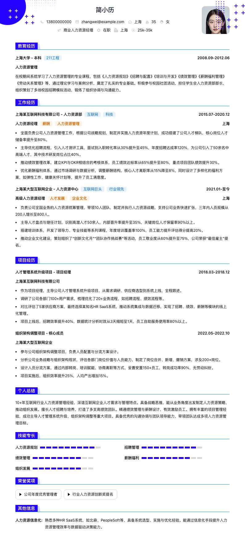 商业人力资源经理简历模板