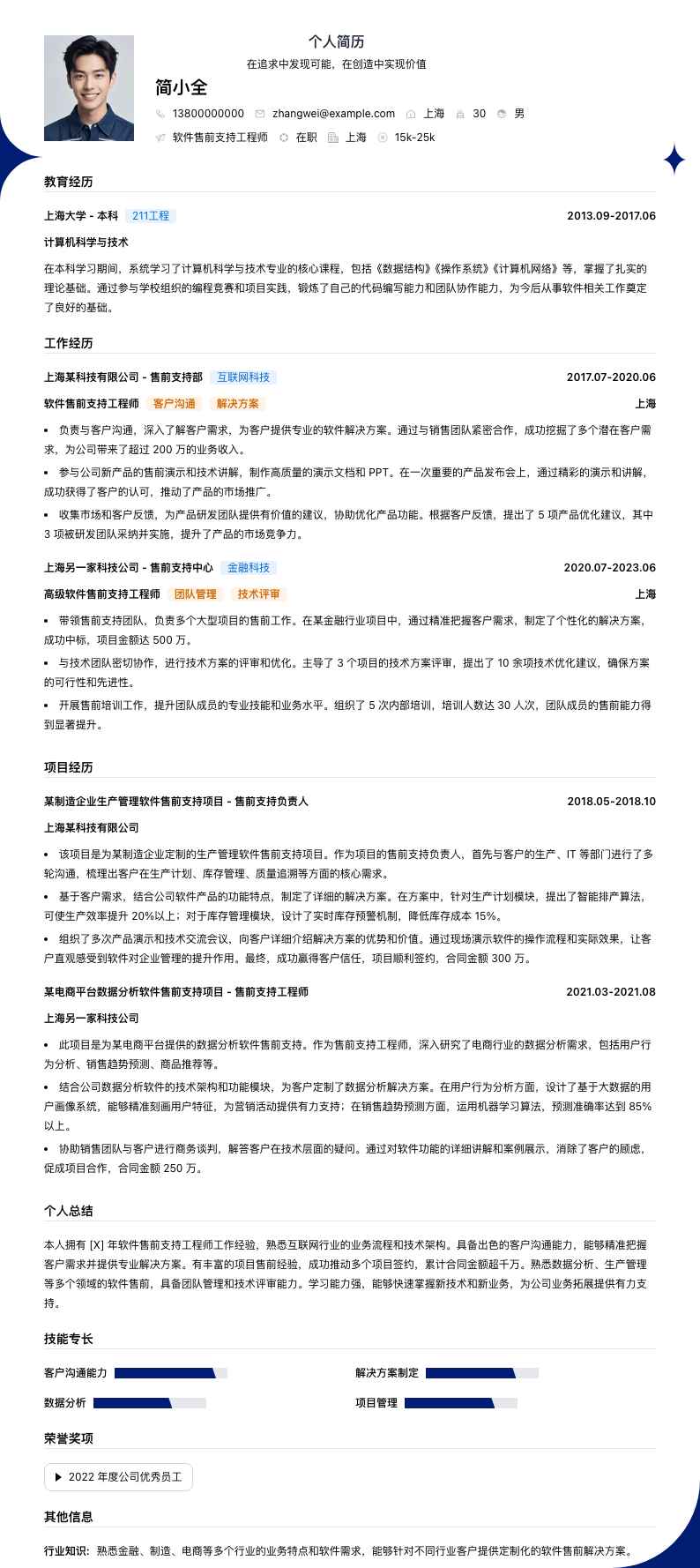 软件售前支持工程师简历模板