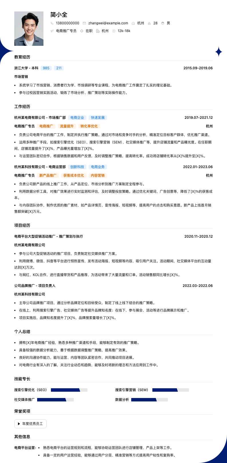电商推广专员简历模板