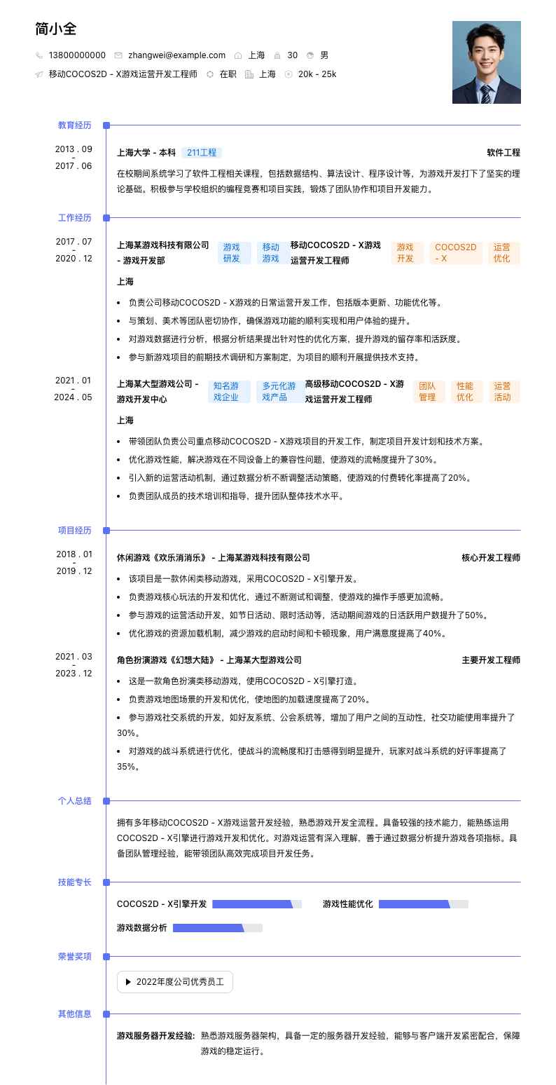移动COCOS2D - X游戏运营开发工程师简历模板