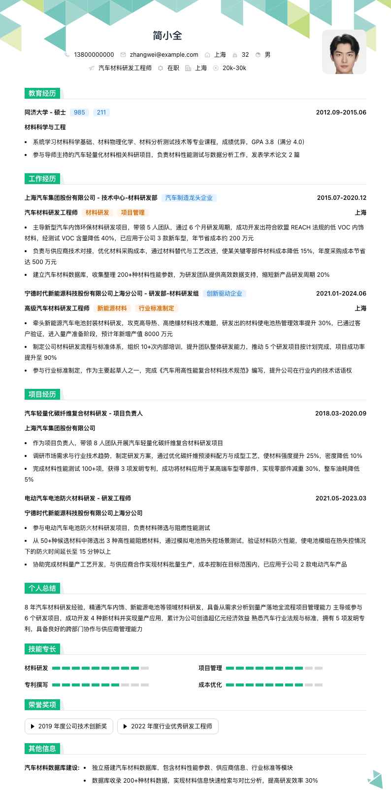 汽车材料研发工程师简历模板