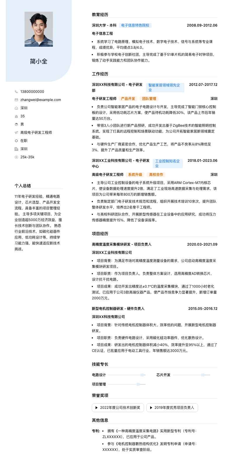 高级电子研发工程师简历模板