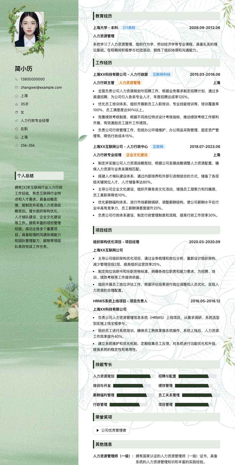 人力行政专业经理简历模板