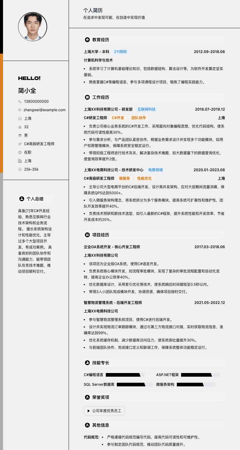 c#高级研发工程师简历模板