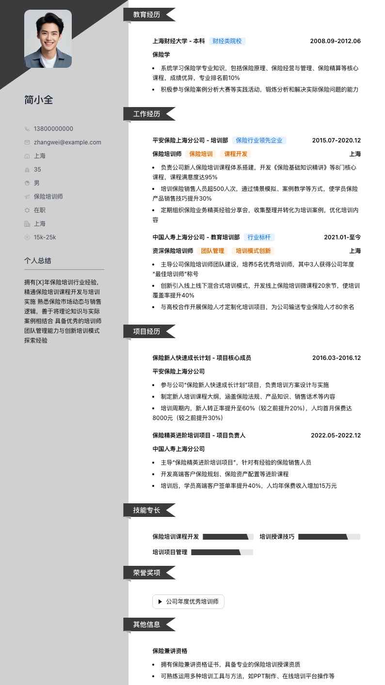 保险培训师简历模板