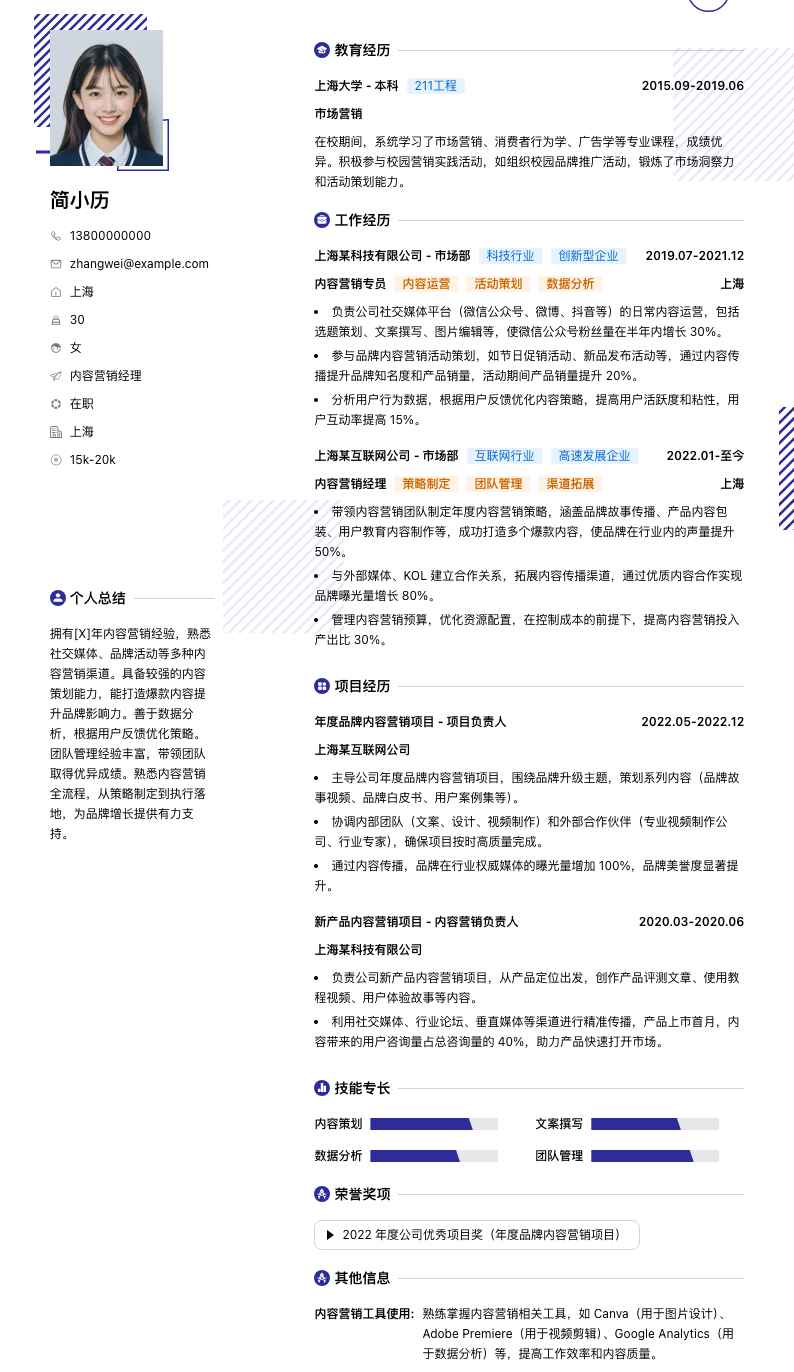 内容营销经理简历模板