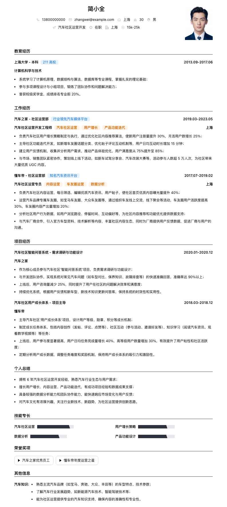 汽车社区运营简历模板