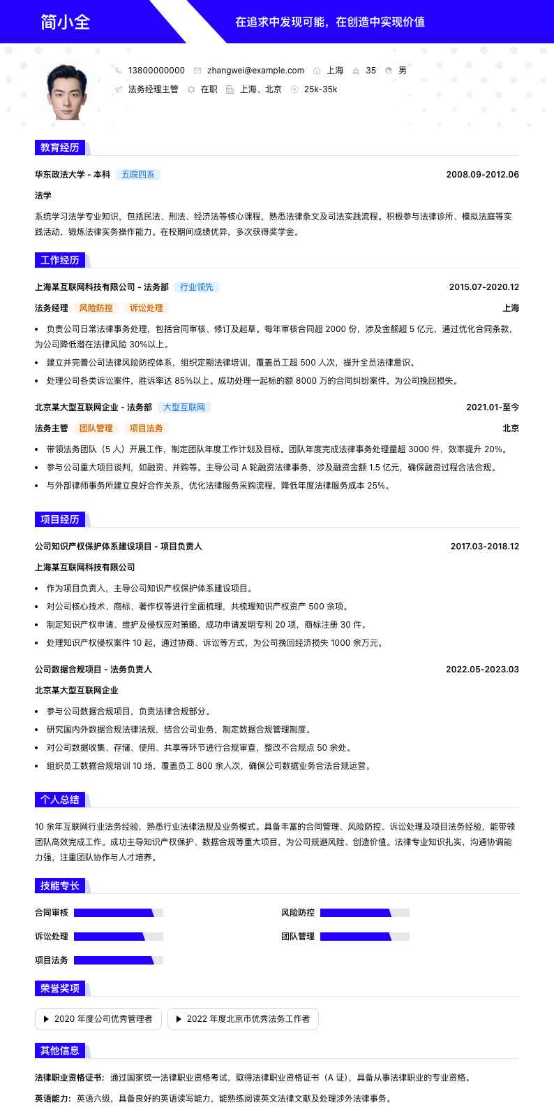 法务经理主管简历模板