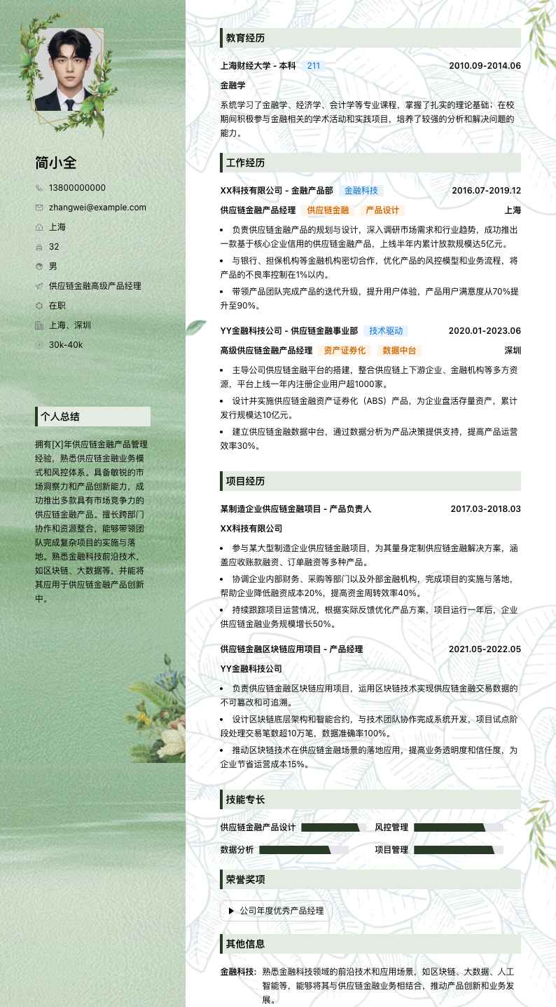 供应链金融高级产品经理简历模板