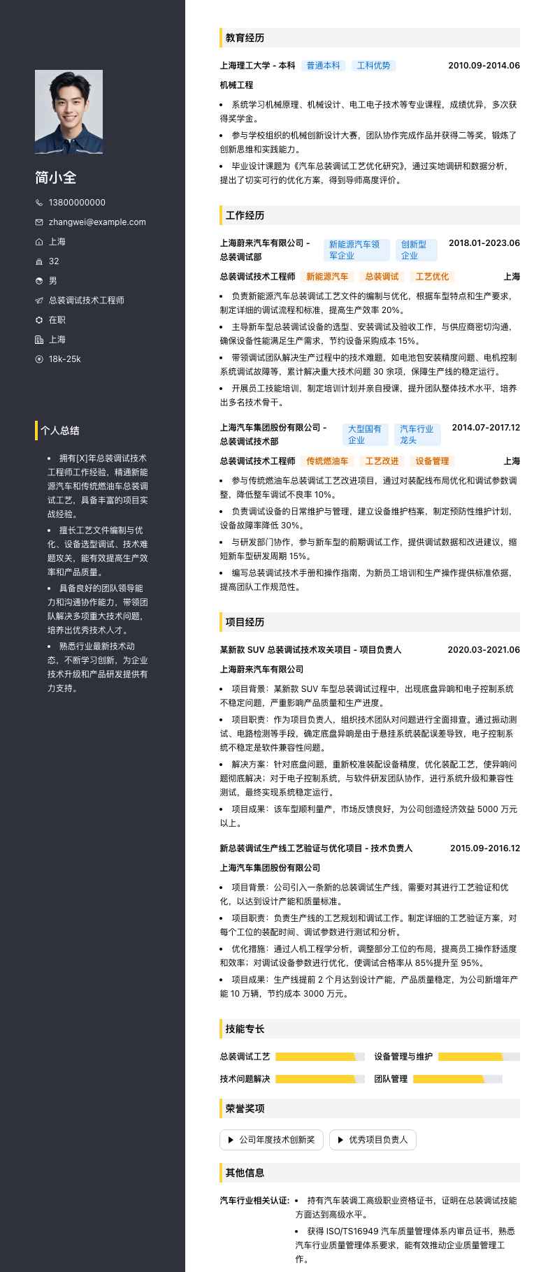 总装调试技术工程师简历模板