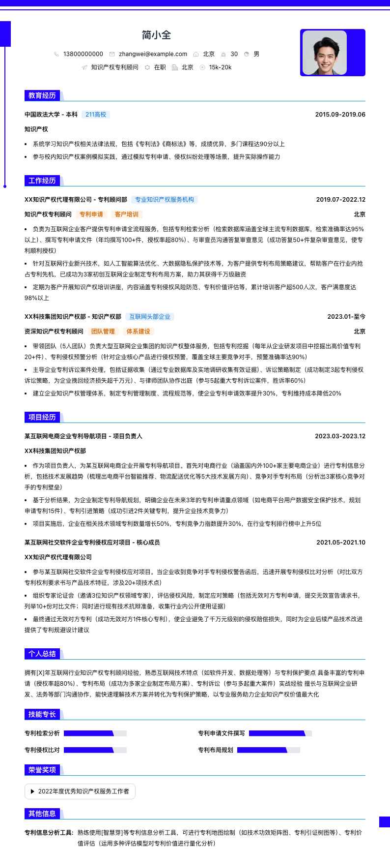 知识产权专利顾问简历模板