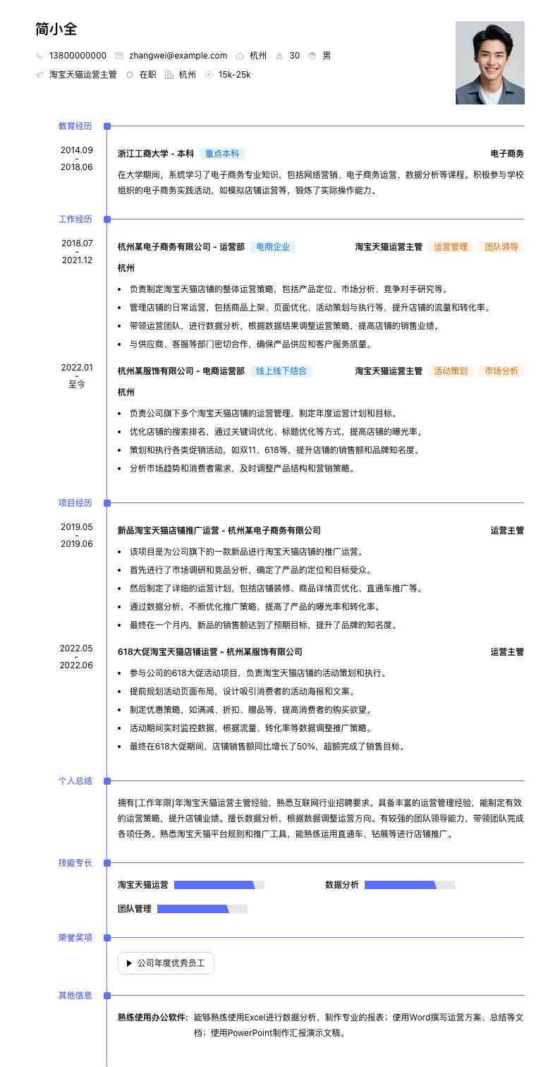 淘宝天猫运营主管简历模板