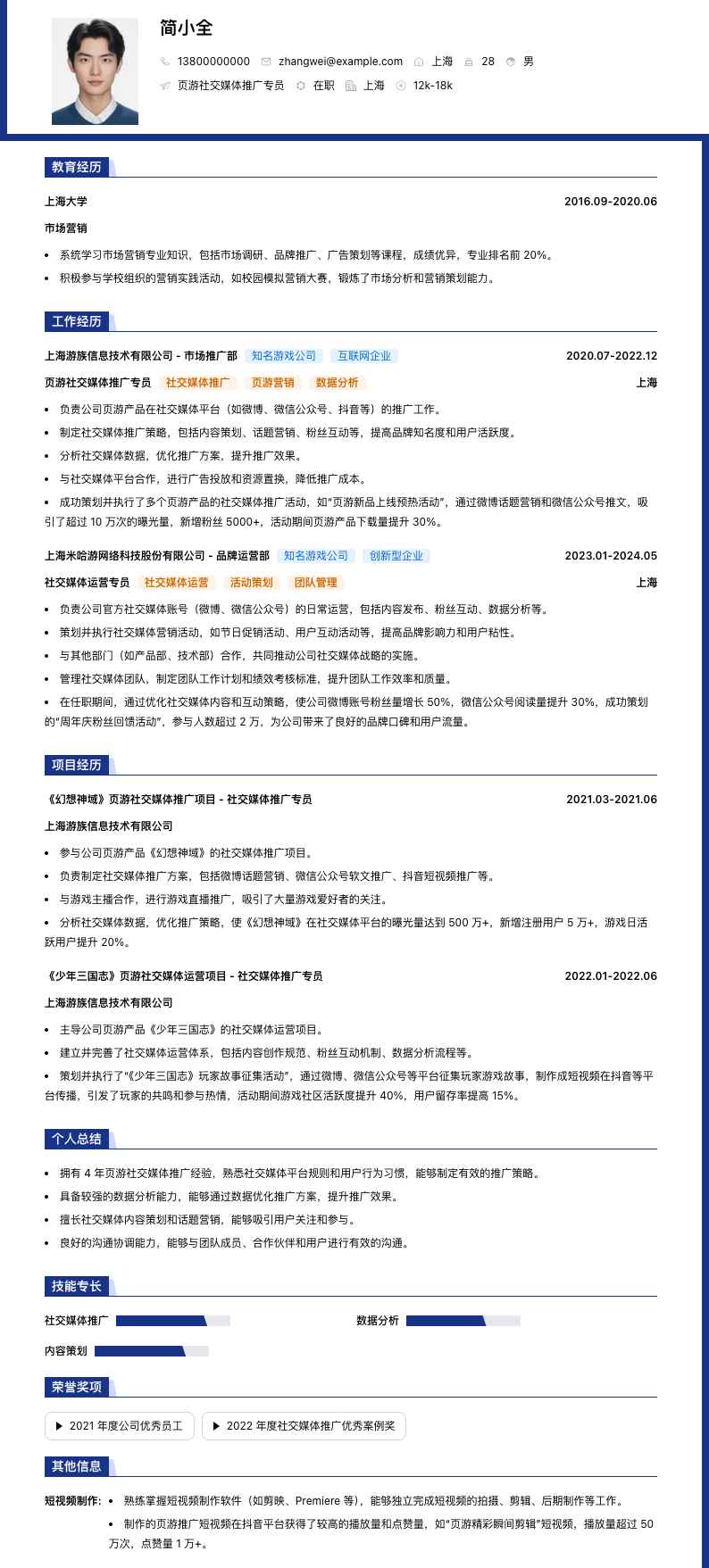 页游社交媒体推广专员简历模板