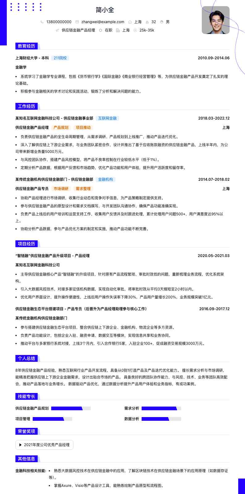 供应链金融产品经理简历模板