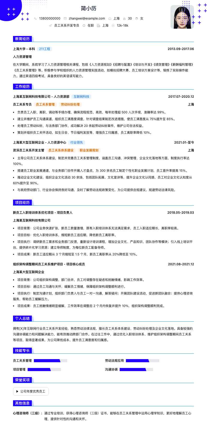 员工关系简历模板