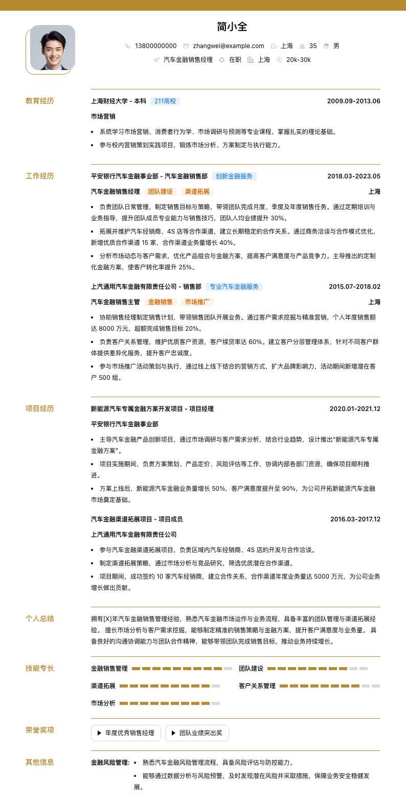 汽车金融销售经理简历模板