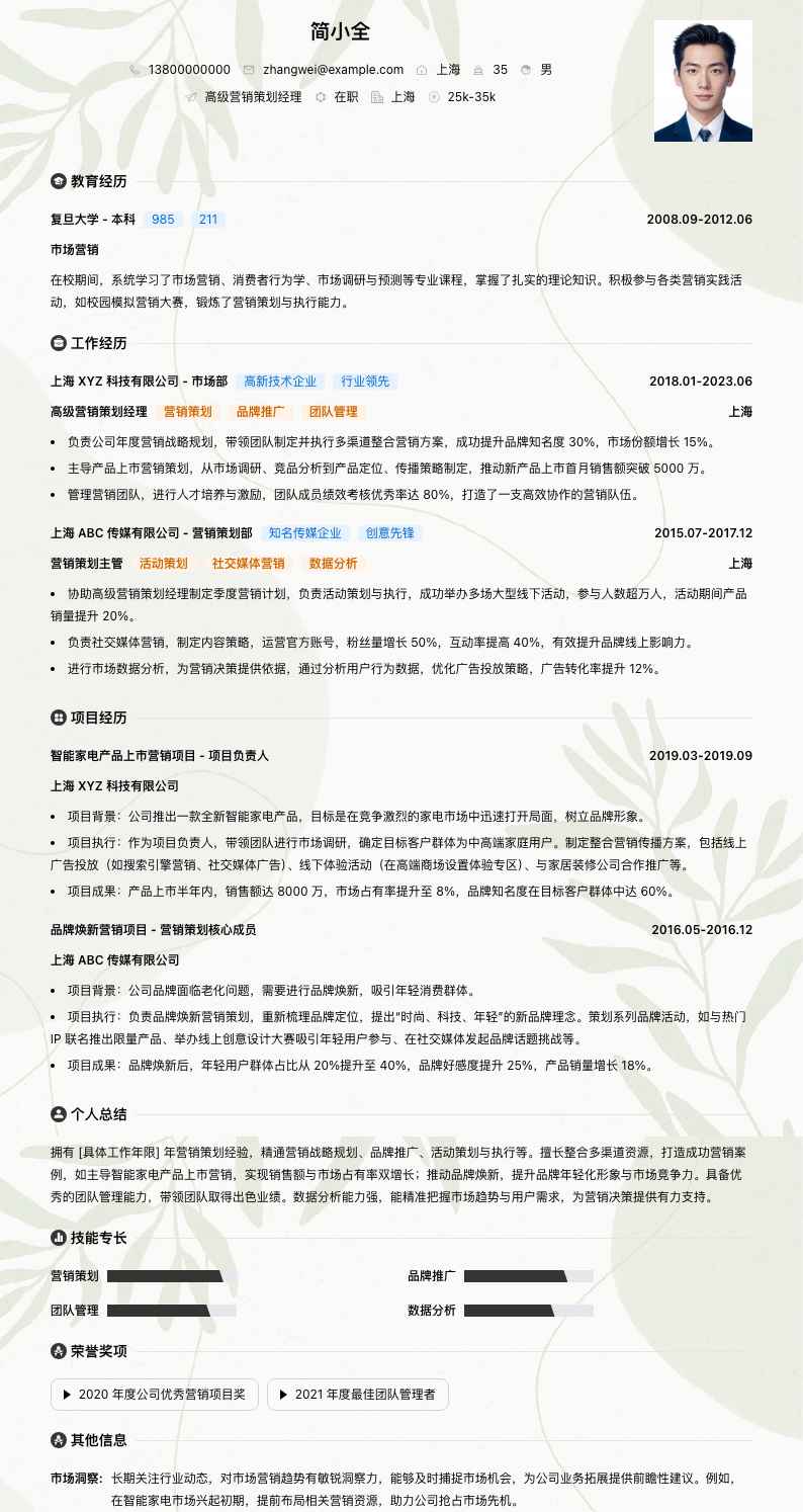 高级营销策划经理简历模板