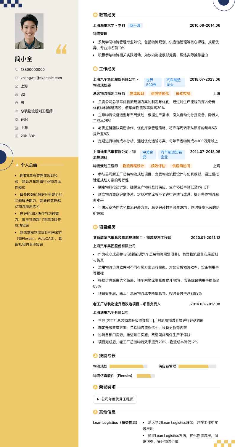 总装物流规划工程师简历模板