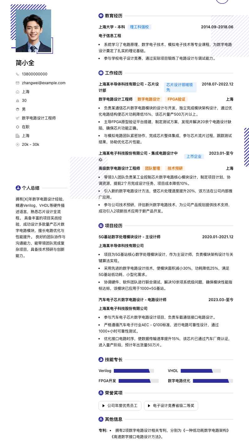 数字电路设计工程师简历模板