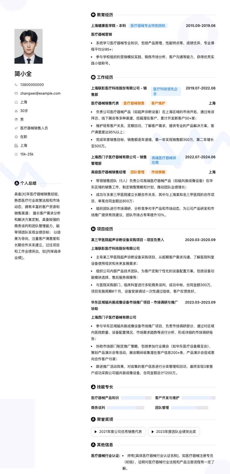 医疗器械销售人员简历模板