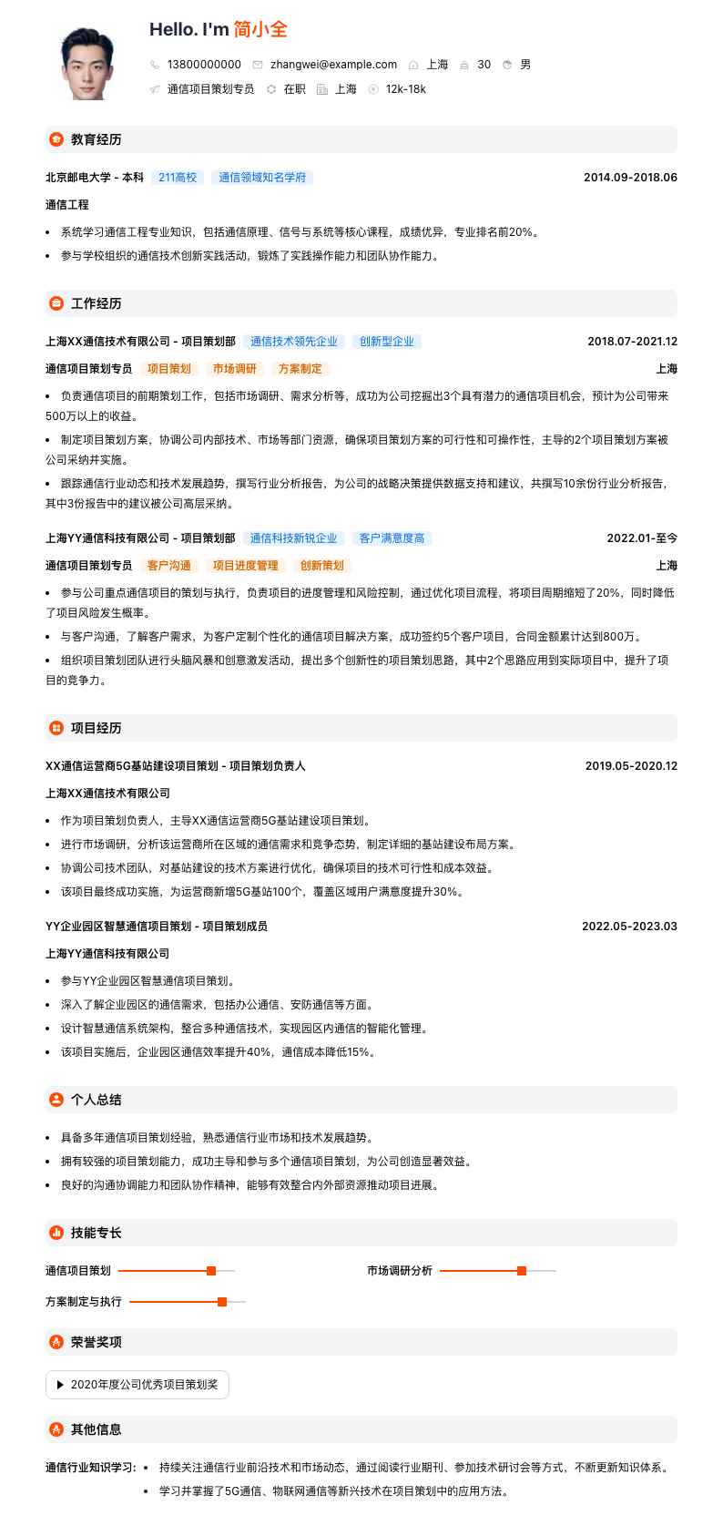 通信项目策划专员简历模板