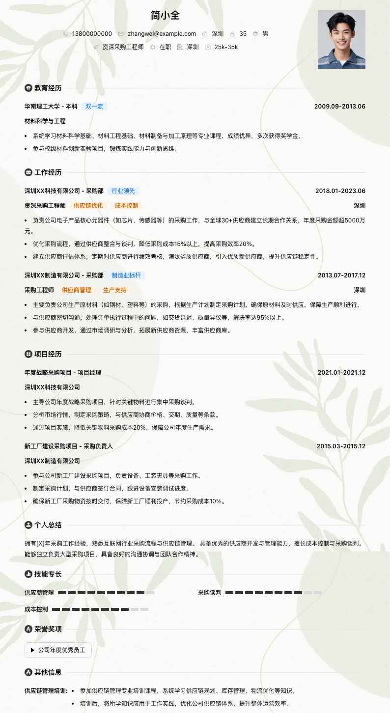 资深采购工程师简历模板